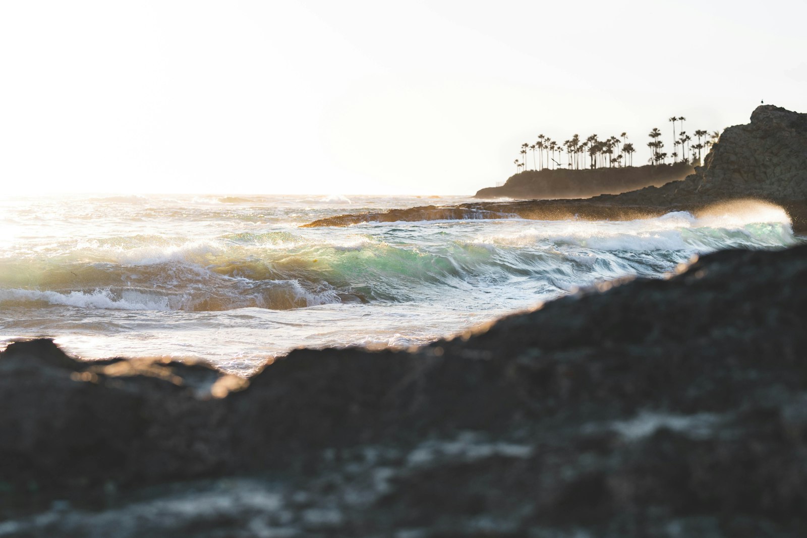 Sunlit California coastline with waves meeting the rocky shore